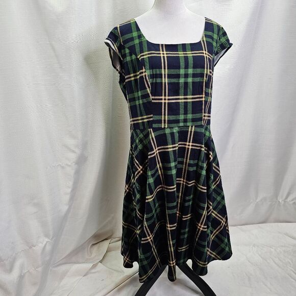 Pukavt Blue and Green Plaid Cap Sleeve Midi Dress Size 2XL - Picture 3 of 11